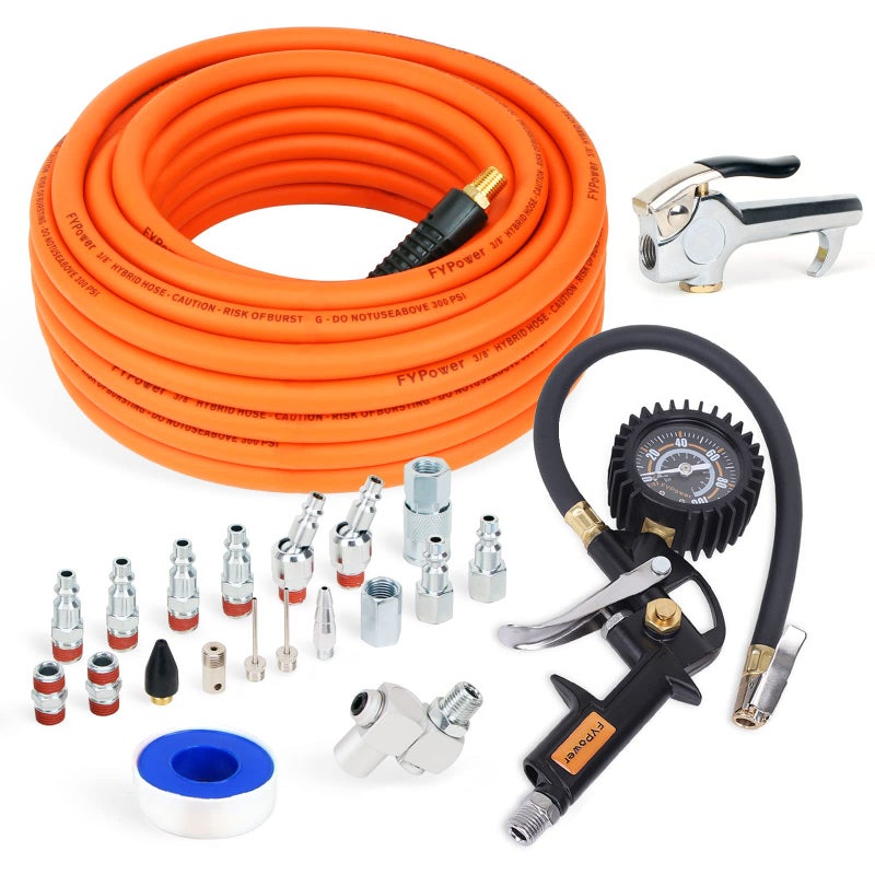 FYPower 22 Pieces Air Compressor Accessories kit, 3/8 inch x 50 ft Hybrid Air Compressor Hose Kit, 1/4" NPT Quick Connect Air Fittings, Tire Inflator Gauge, Heavy Duty Blow Gun, Swivel Plugs - Image 1